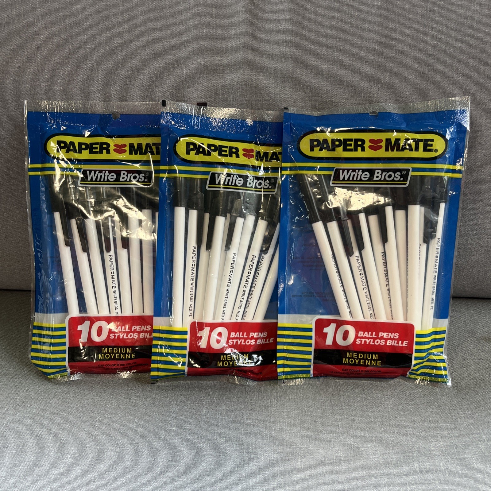 Vintage 1990\'s Paper Mate Write Bros Black Pens Med. 3 Packs Of /10 USA NIP New
