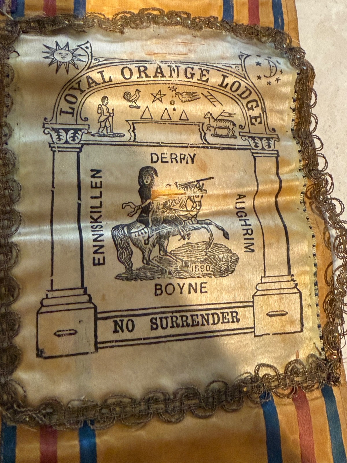 Vtg Loyal Orange Lodge Sash Ireland Derry Boyne Aughrim Enniskillen ID\'d Owner