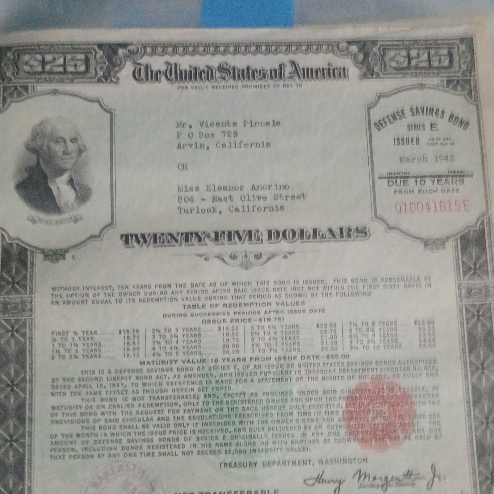 World War II U. S. War Savings Bond - $25 Denomination Series E 10 Year Bond - U