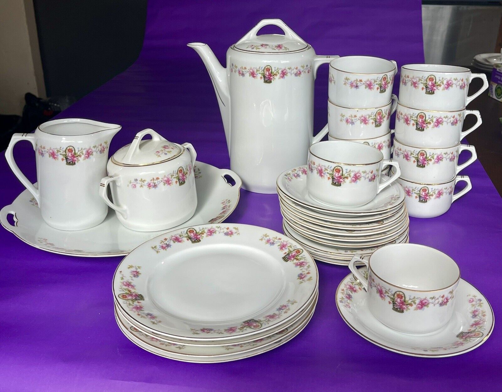 CZECHOSLOVAKIA Tea Service W Cups Porcelain Aich Epiag Bohemia SECESJA Pre-WWII