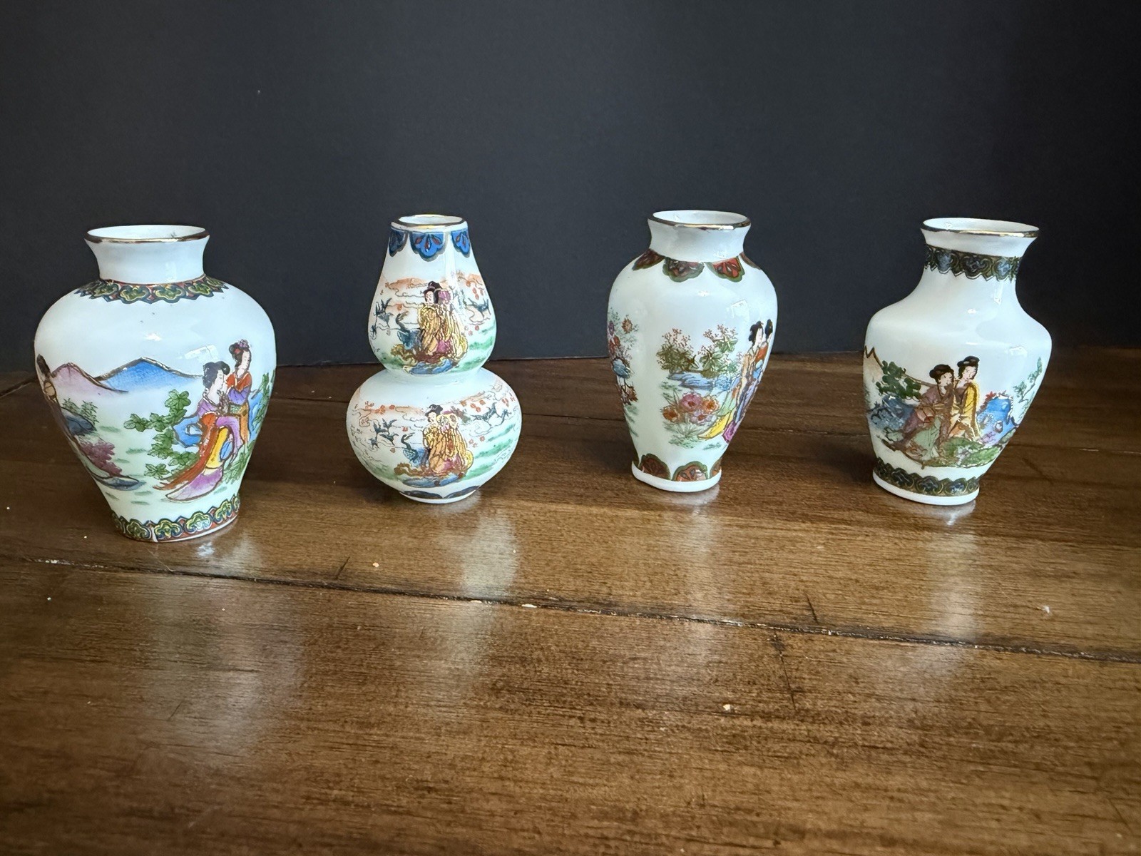 Vintage Chinese Style Miniature Porcelain Vases Set of 4 Asian Ladies Floral