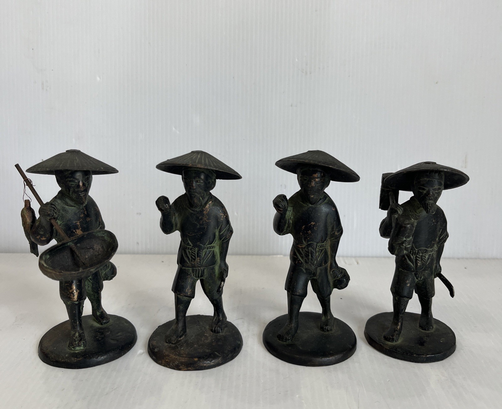 Lot Of 4 Antique Indochina Vietnamese Bronze Farmer Figurines with Conical Hats