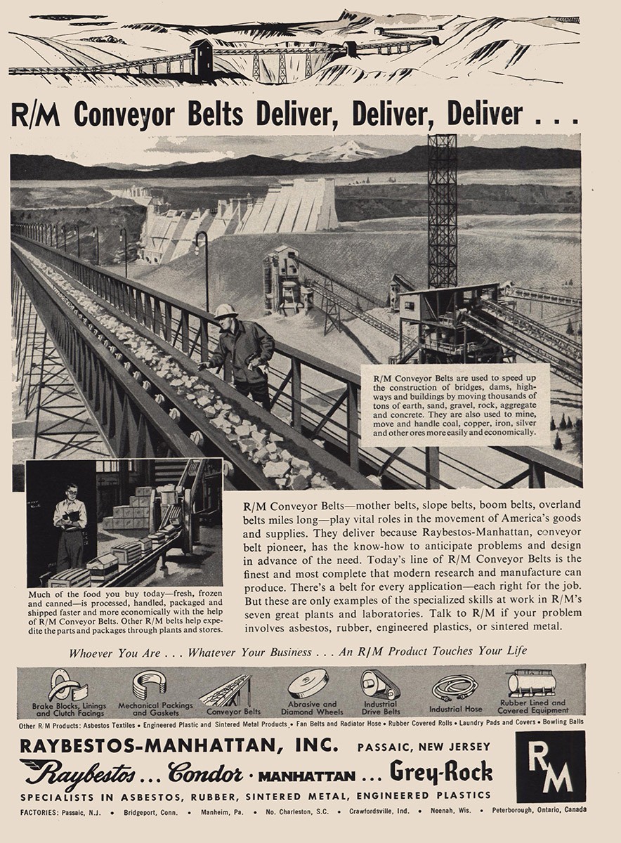 1955 Raybestos Manhattan: Conveyor Belts Vintage Print Ad 1955 Raybestos Manhattan: Conveyor Belts Vintage Print Ad