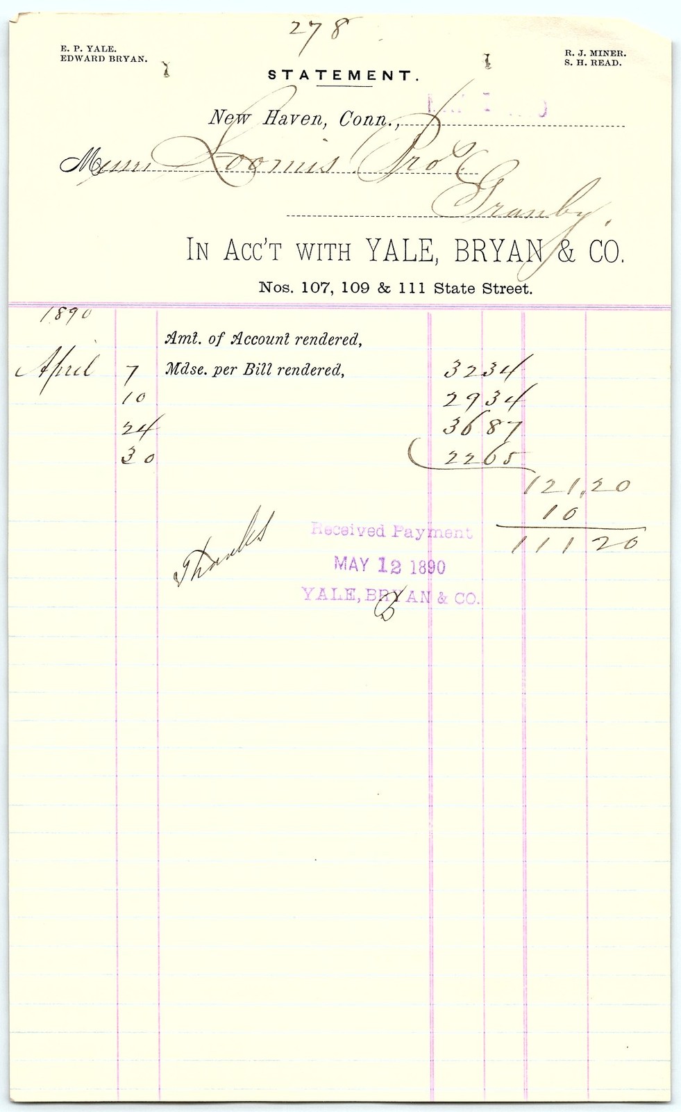 1890 Vintage Billhead from Yale, Bryan & Co., New Haven, CT 1890 Vintage Billhead from Yale, Bryan & Co., New Haven, CT