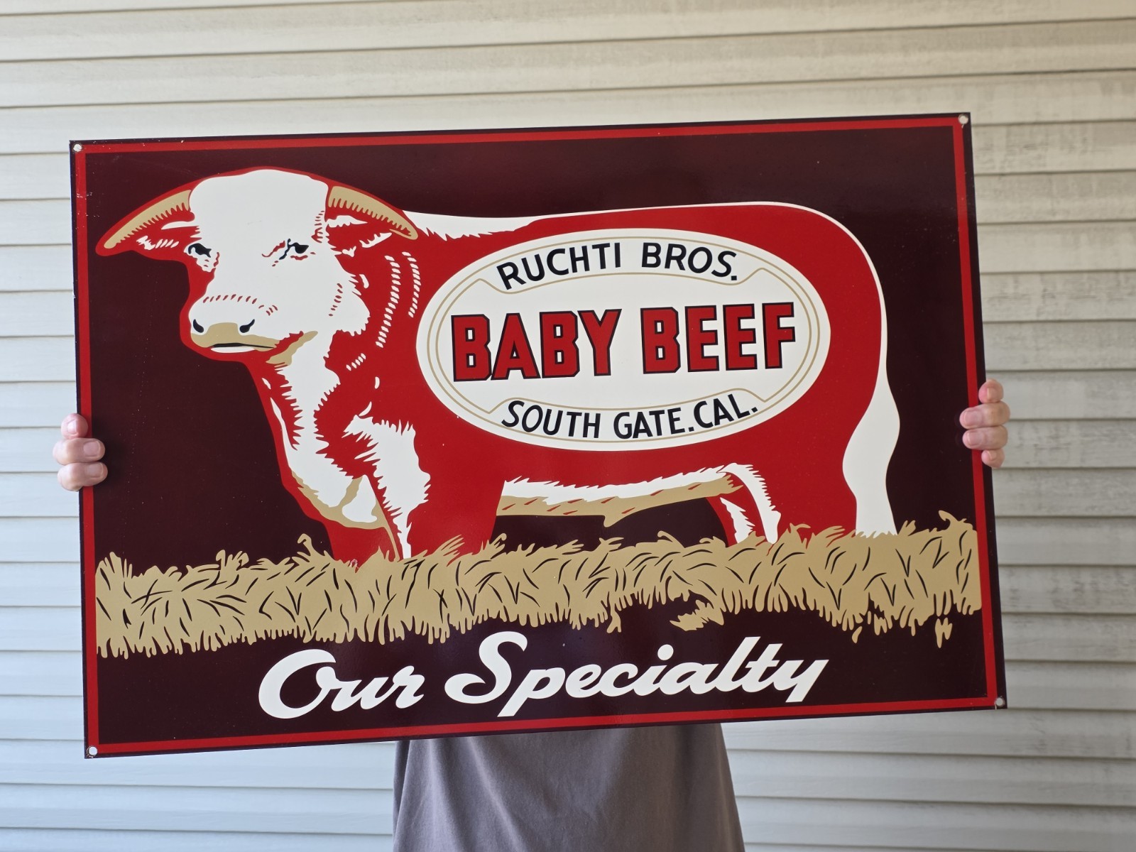 LARGE VINTAGE RUCHTI BABY BEEF CALIFORNIA PORCELAIN SIGN CAR GAS OIL 20x30 LARGE VINTAGE RUCHTI BABY BEEF CALIFORNIA PORCELAIN SIGN CAR GAS OIL 20x30