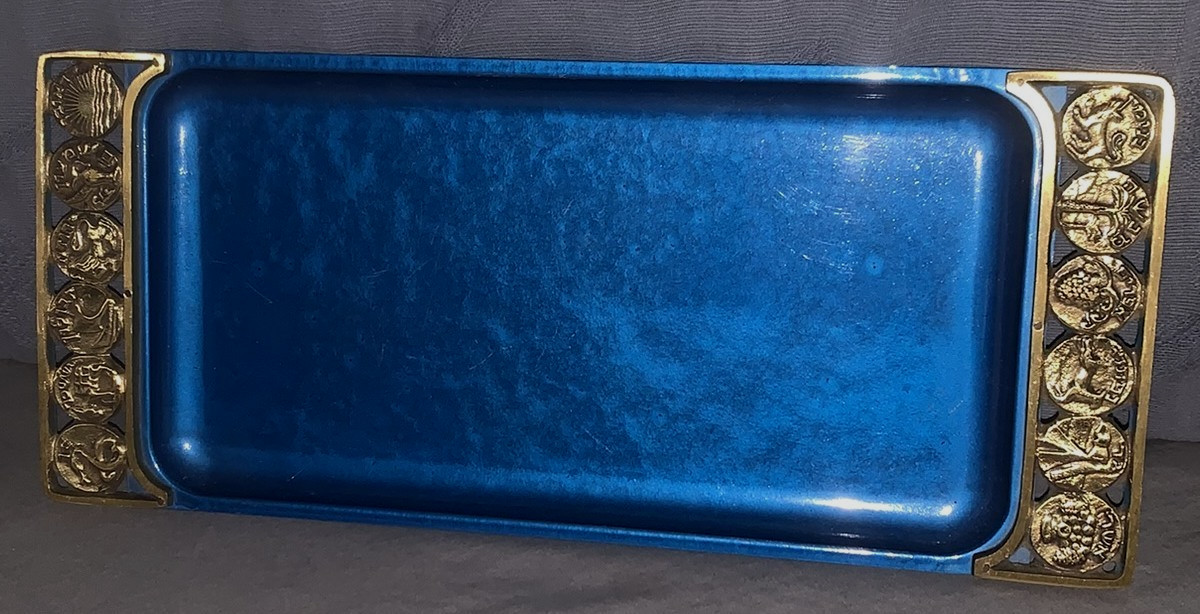 Nice Vintage Blue Enamel Metal Tray with Zodiac Design Work Nice Vintage Blue Enamel Metal Tray with Zodiac Design Work