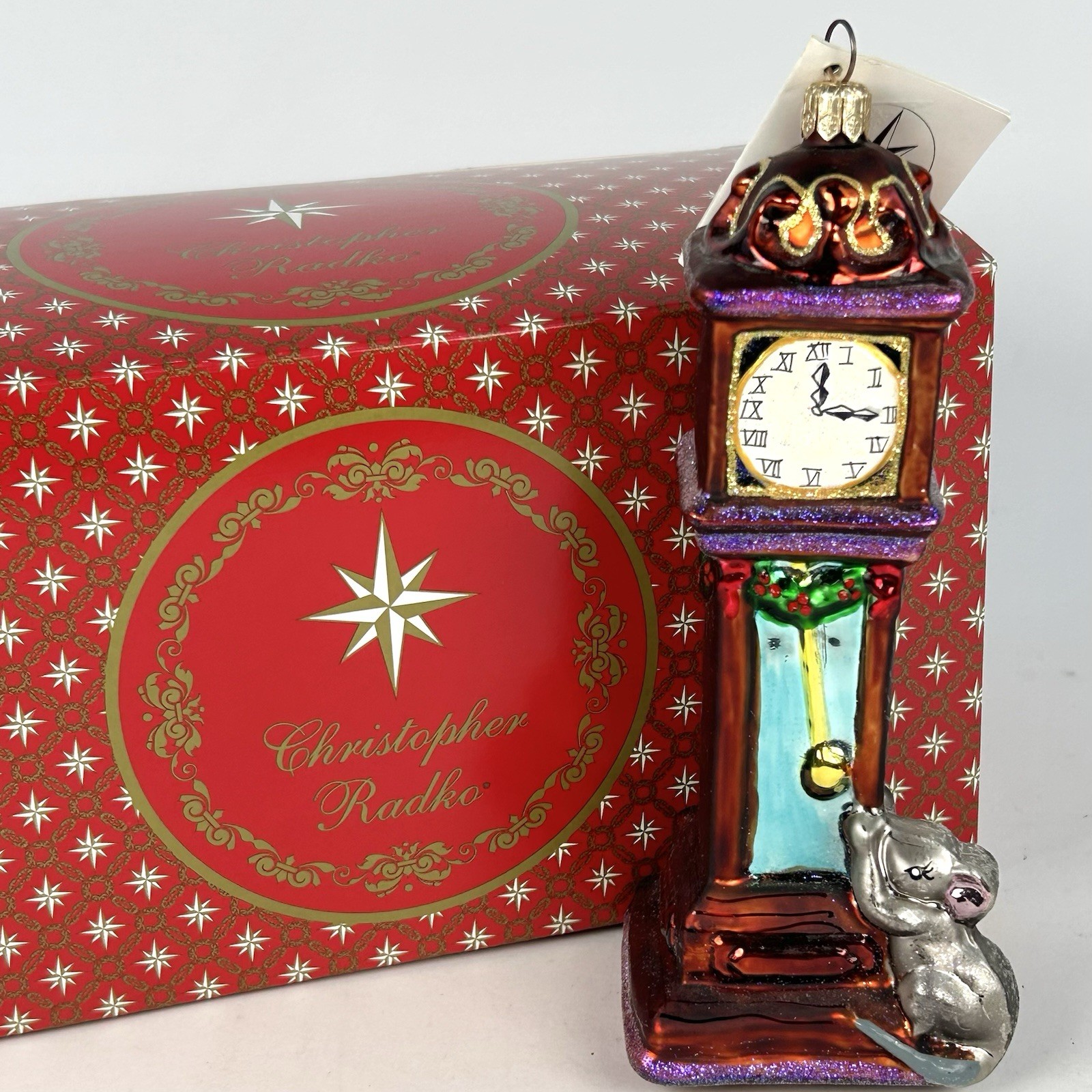 Christopher Radko Hickory Dickory Dock Clock Mouse Glass Christmas Ornament 7