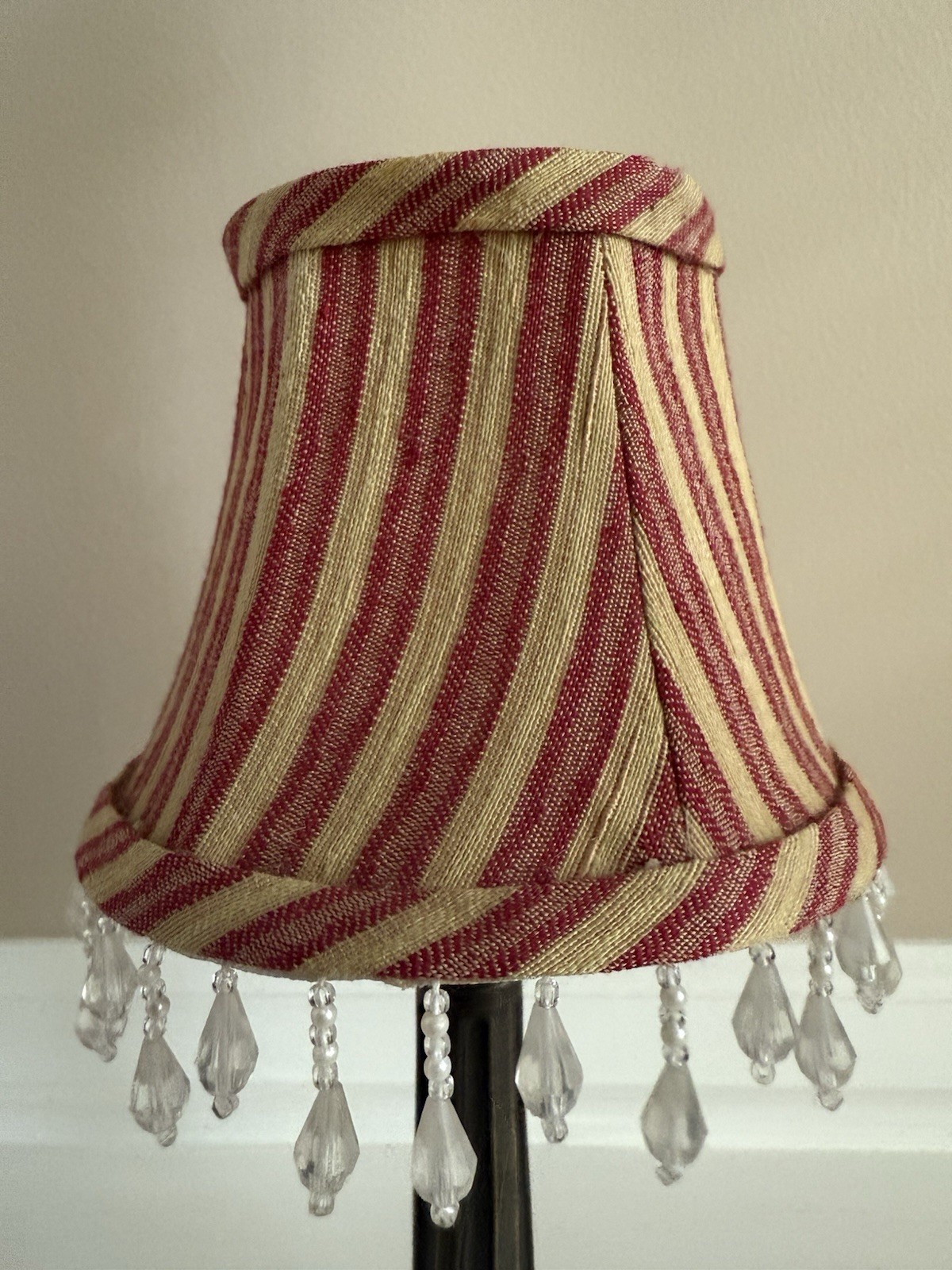 Vintage Victorian Red & Yellow Striped Fabric Clip On Lamp Shade W/Beaded Fringe Vintage Victorian Red & Yellow Striped Fabric Clip On Lamp Shade W/Beaded Fringe