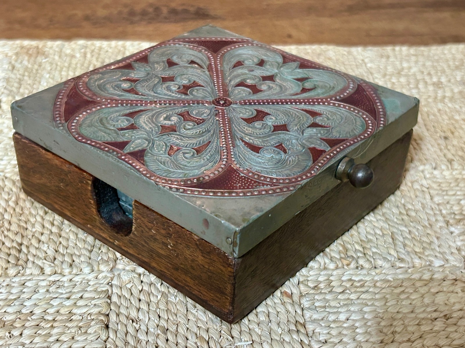 Vintage Decorative Wooden Box with Embossed Metal Tiles and Felt Lining Vintage Decorative Wooden Box with Embossed Metal Tiles and Felt Lining