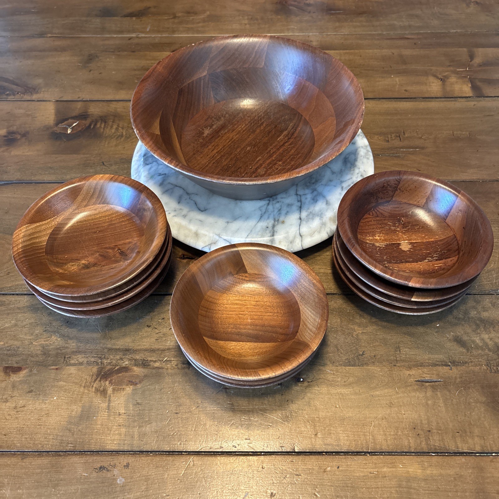12pc VTG 60s MCM Ozark Walnutware Solid Walnut Wood Salad Bowl Serving Set