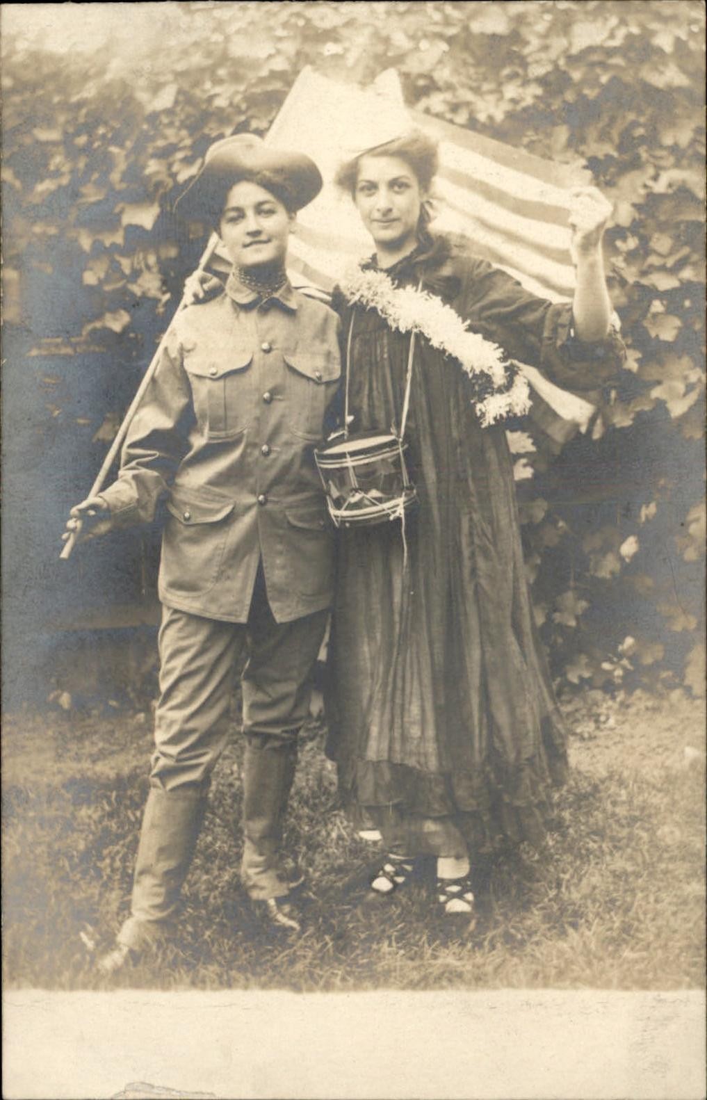 Pretty Women Soldier Volunteers? Crossdressing American Flag c1910s RPPC bhn Pretty Women Soldier Volunteers? Crossdressing American Flag c1910s RPPC bhn