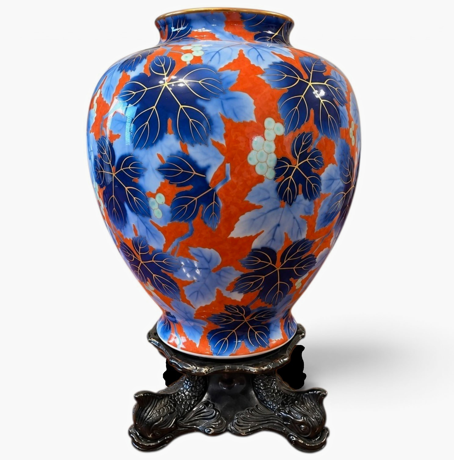 Vintage Fukagawa Seiji Japanese Porcelain Vase w/ Fish Stand & Original Papers