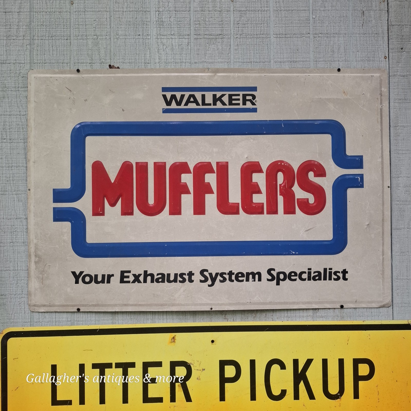 Rare version Vintage Walker mufflers advertisement sign embossed letters 3\'×2\'
