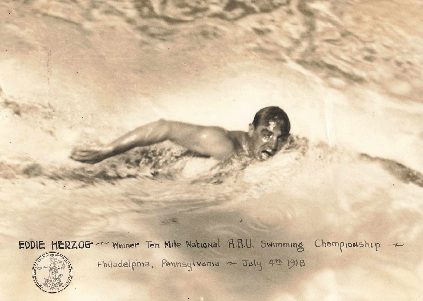 1918 Eddie Herzog AAU Ten Mile Swim Championship Philadelphia Photo San Diego
