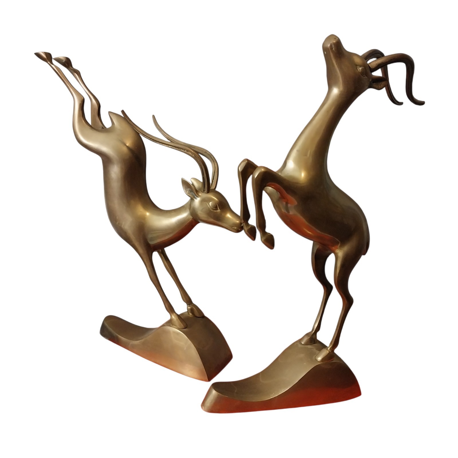 2 Vtg Hollywood Regency Brass Jumping Antelope Gazelle Deer Statue 12.5\