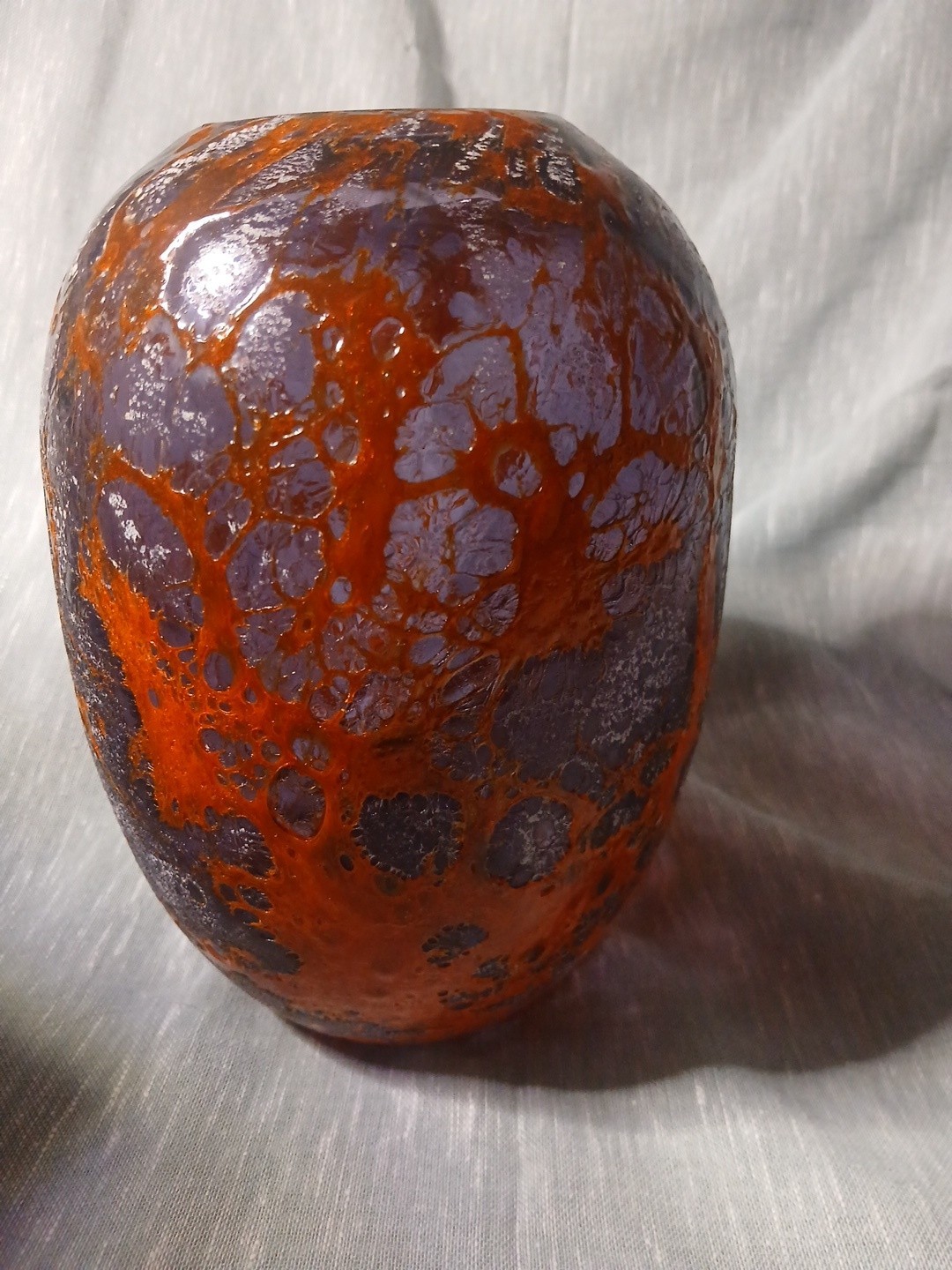 Vintage MSM Style Flattened Lava Art Glass Pillow Vase Mottled Red Purple 8.75\ Vintage MSM Style Flattened Lava Art Glass Pillow Vase Mottled Red Purple 8.75\