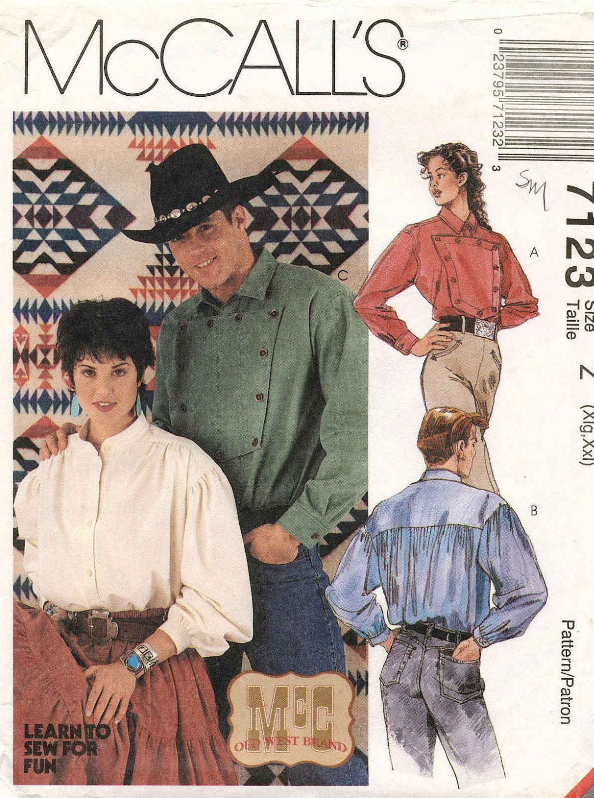 1990's VTG McCall's Men's and Misses' Western Shirts Pattern 7123 XL,XXL UNCUT 1990's VTG McCall's Men's and Misses' Western Shirts Pattern 7123 XL,XXL UNCUT