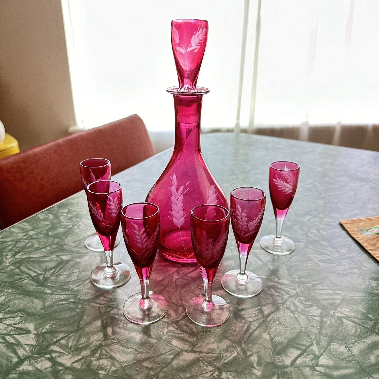 Vintage Cranberry Etched Wheat Sherry Cordial Wine Decanter & 6 Cordial Glasses