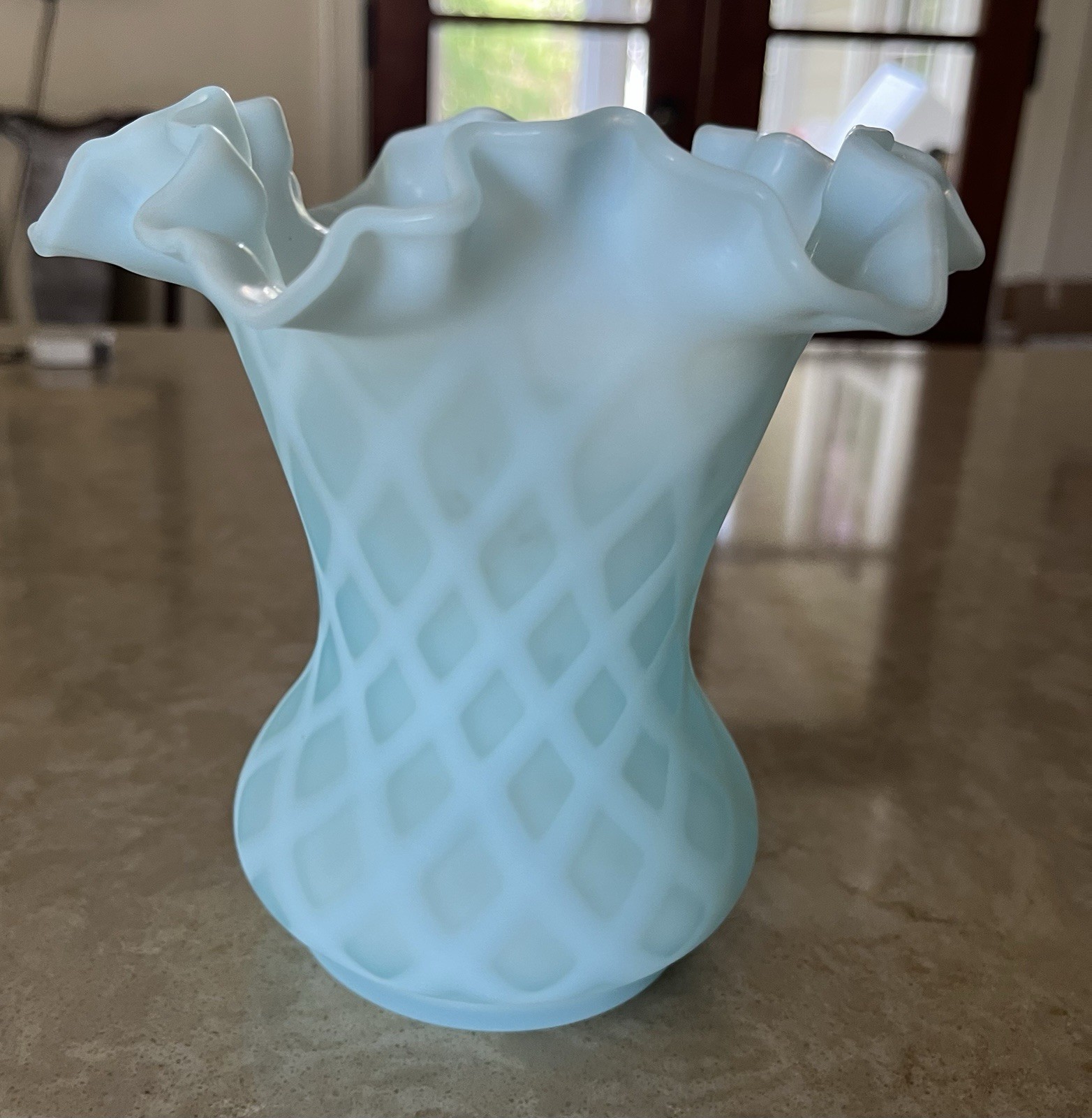 Vtg Fenton Blue Quilted Diamond Satin Glass Vase 6\