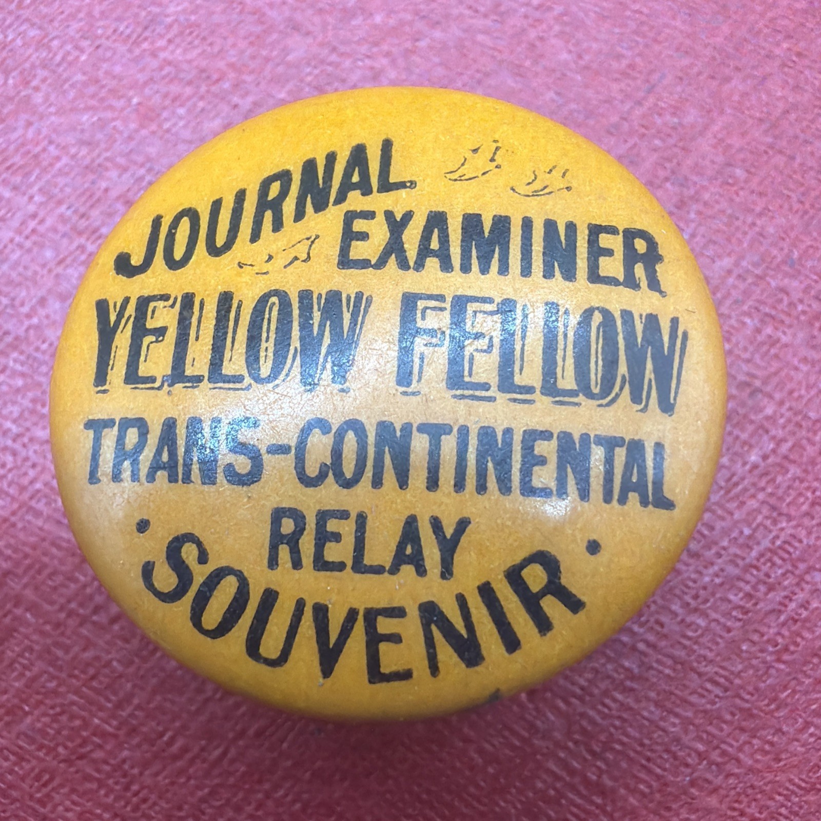 c.1896 JOURNAL EXAMINER YELLOW FELLOW Bicycle Relay Race Lapel Stud Cycling