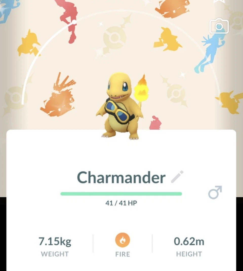 Pokémon Go-Shiny Charmander-✨wearing Friede's goggles-with Background-TRADE Pokémon Go-Shiny Charmander-✨wearing Friede's goggles-with Background-TRADE