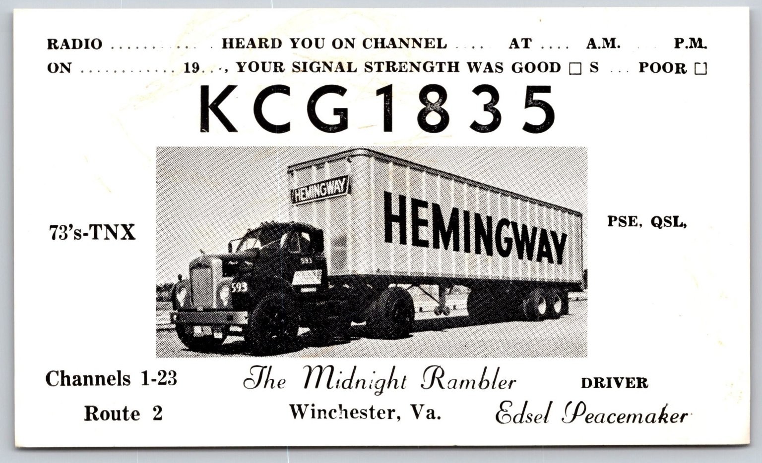 Vintage KCG 1835 QSL Postcard Hemingway Truck Winchester VA CB Radio C182 Vintage KCG 1835 QSL Postcard Hemingway Truck Winchester VA CB Radio C182