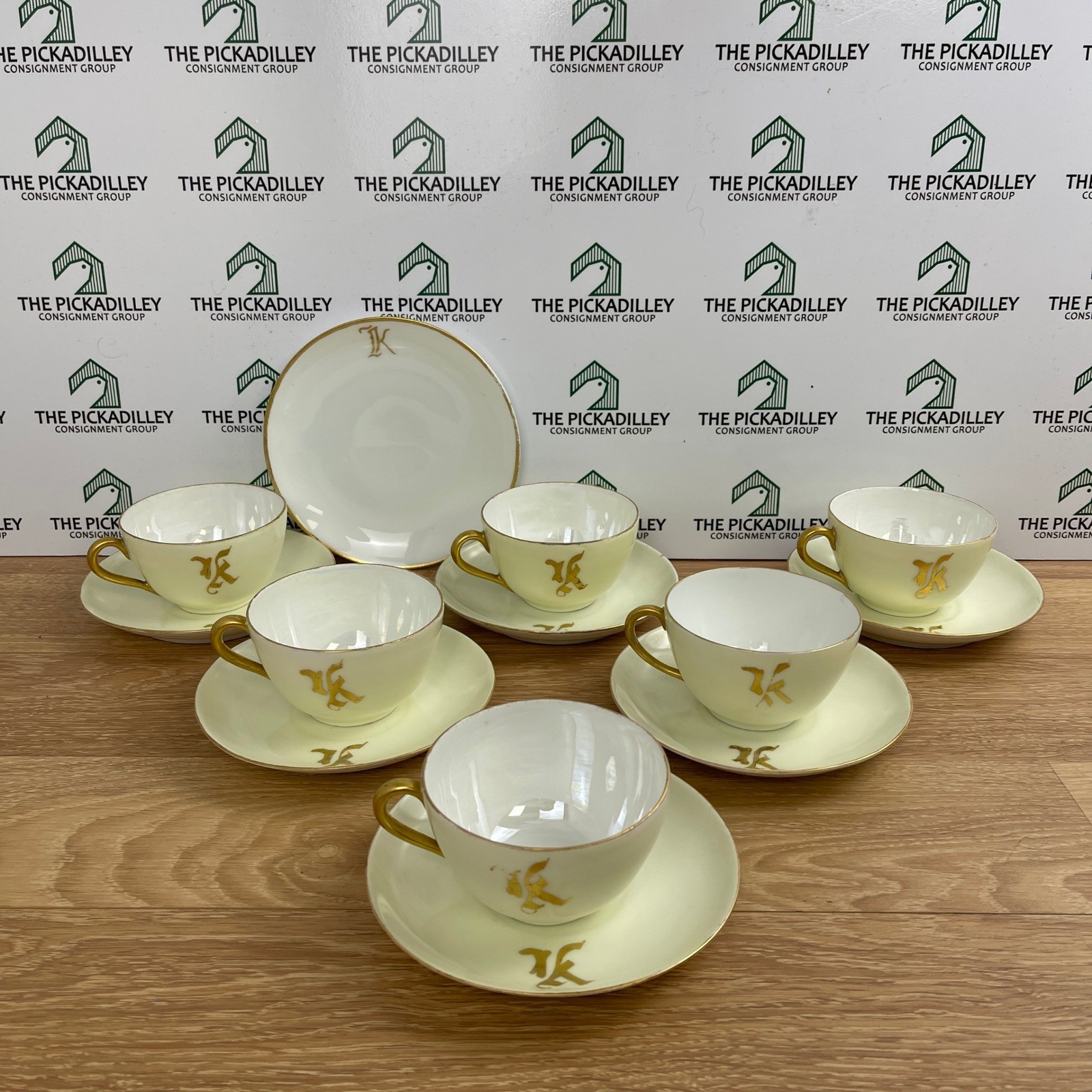 Vintage 1920s Germany Porcelain Monogrammed K Tea Set 6 Cups Saucers