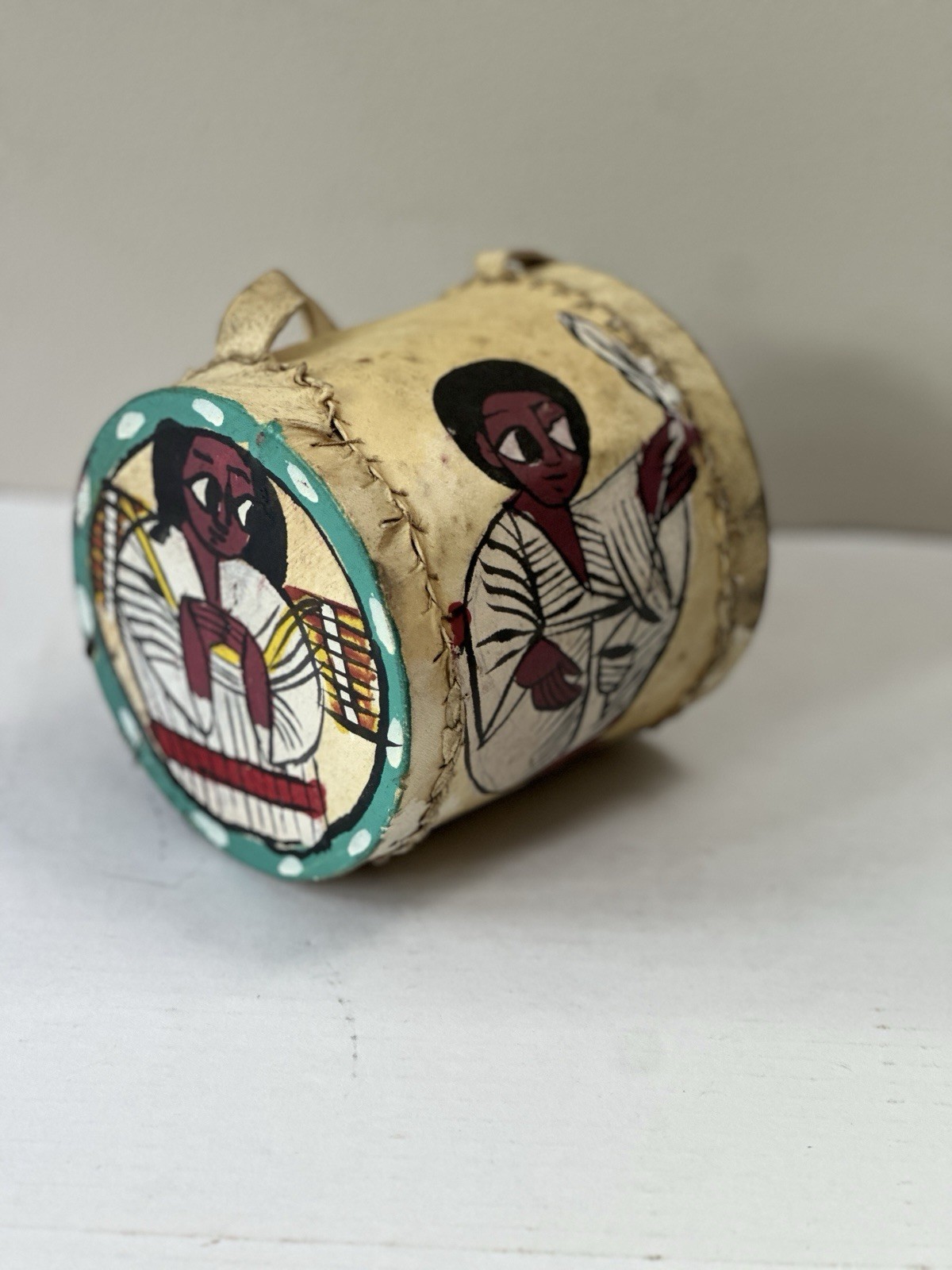 Vintage Ethiopian Folk Art Hand Painted Rawhide Drum African Coptic Decor Vintage Ethiopian Folk Art Hand Painted Rawhide Drum African Coptic Decor