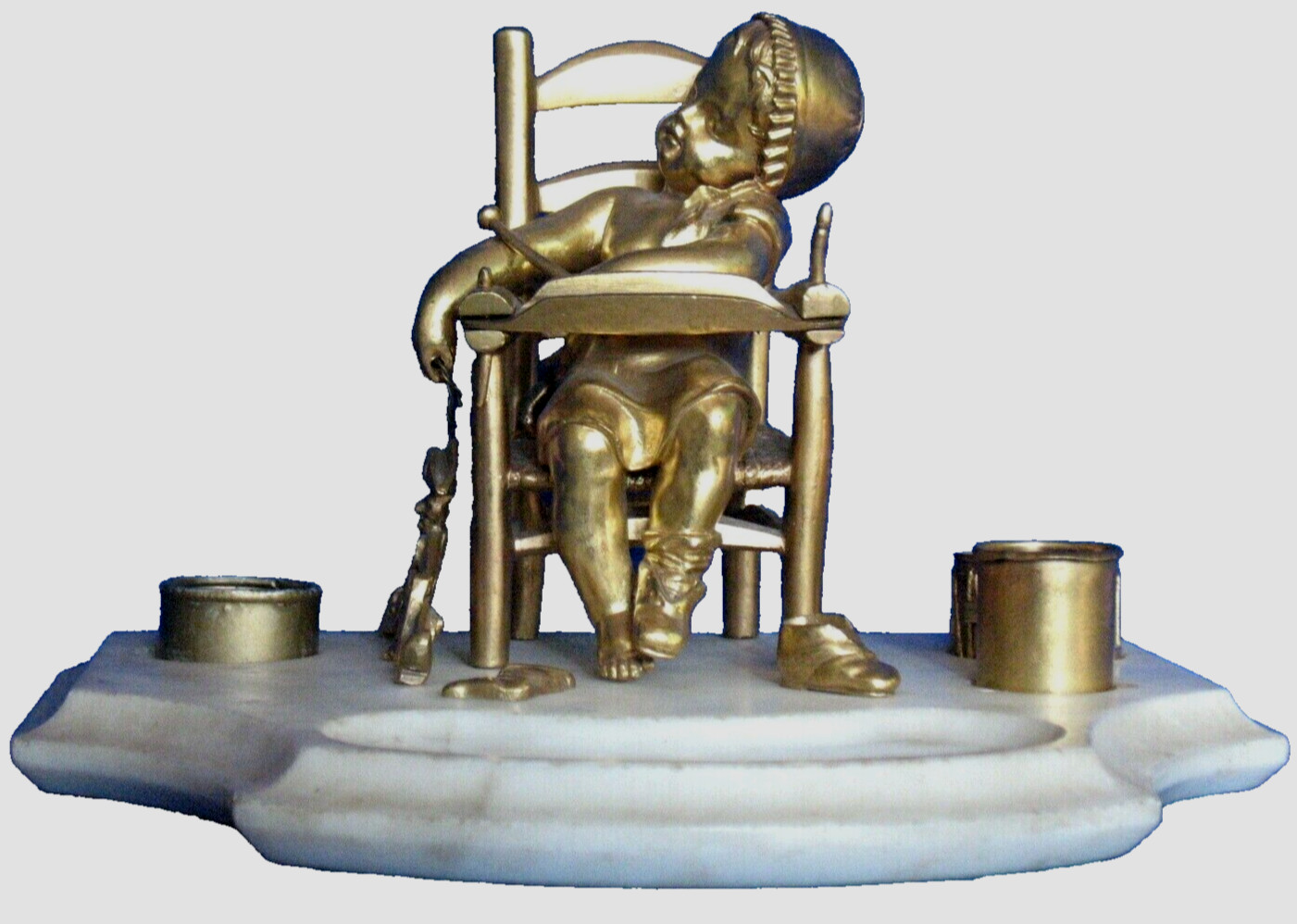 Bronze Baby Inkwell Highchair Toy Drum Shoe Clown Articulate Antique Marble Base