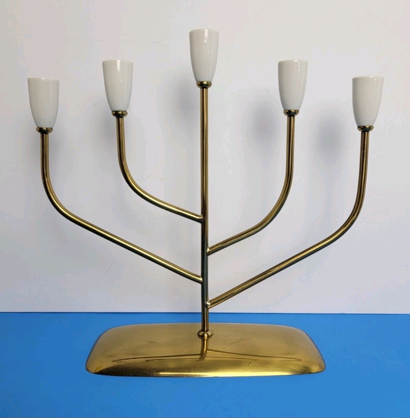 Unique 5 Arm Candelabra Brass & Porcelain Candle Holder - Germany