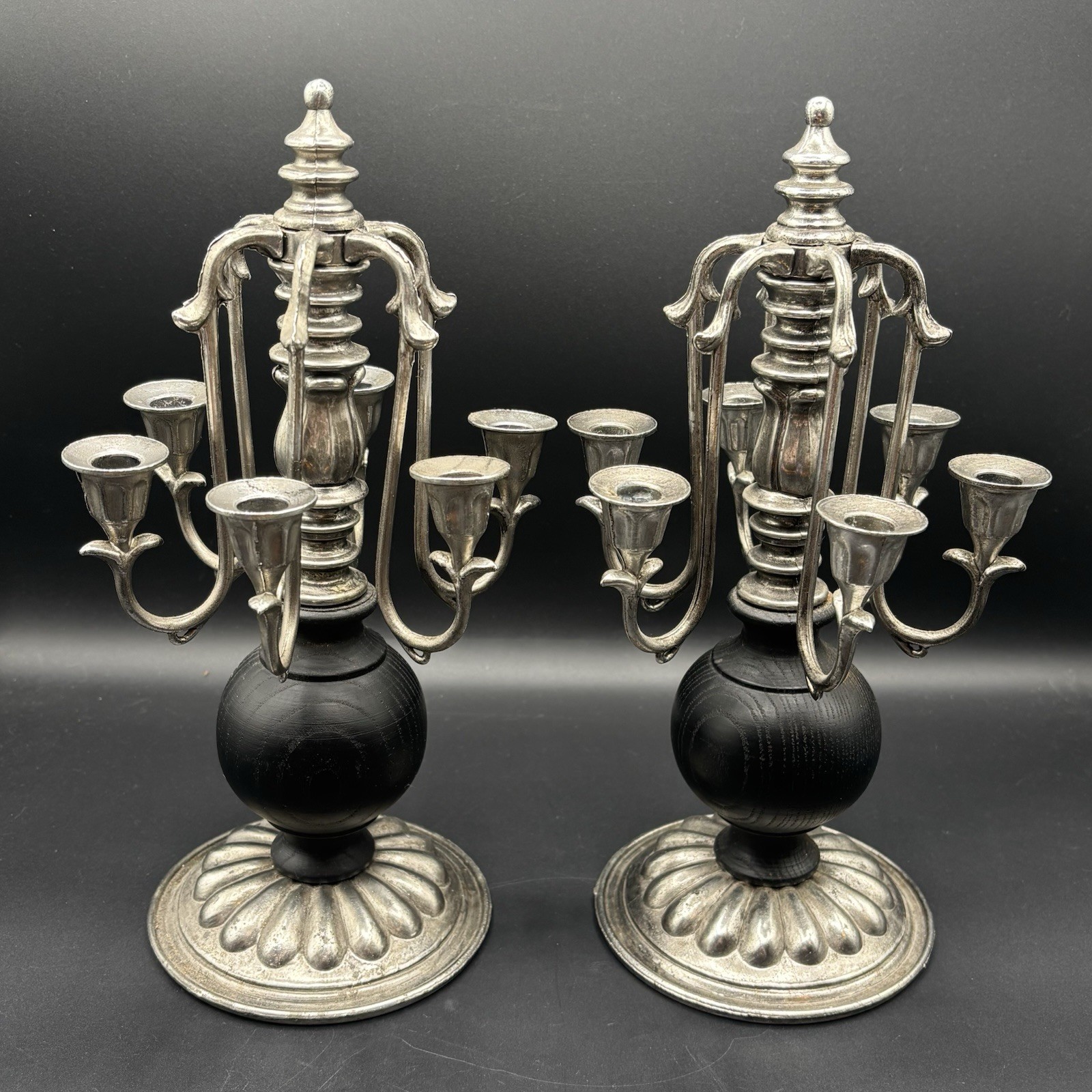 VTG 6 Arm Black Wood & Metal Goth Victorian Style Small Candelabras Halloween