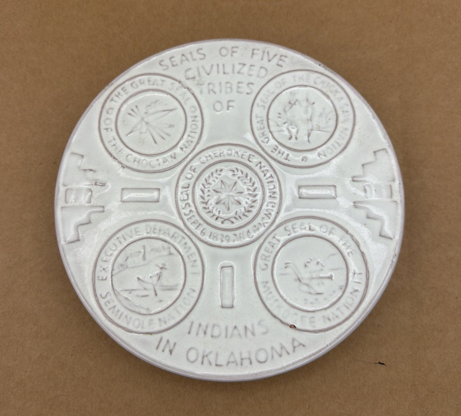Vintage FRANKOMA Trivet Seals Of Five Civilized Tribes Of Indians Oklahoma OK3 Vintage FRANKOMA Trivet Seals Of Five Civilized Tribes Of Indians Oklahoma OK3