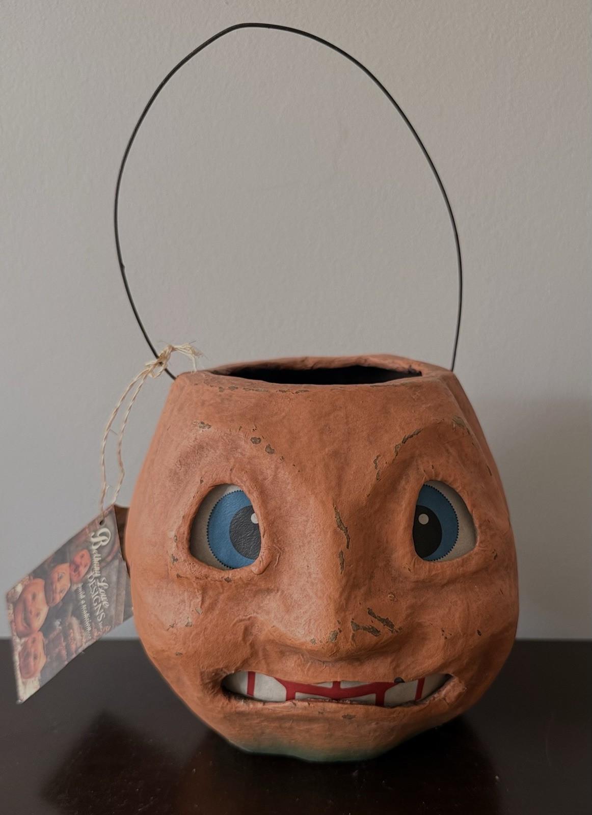 Bethany Lowe NEW Vtg Folk Art Pumpkin Jack O Lantern Candy Bucket 5 1/2\