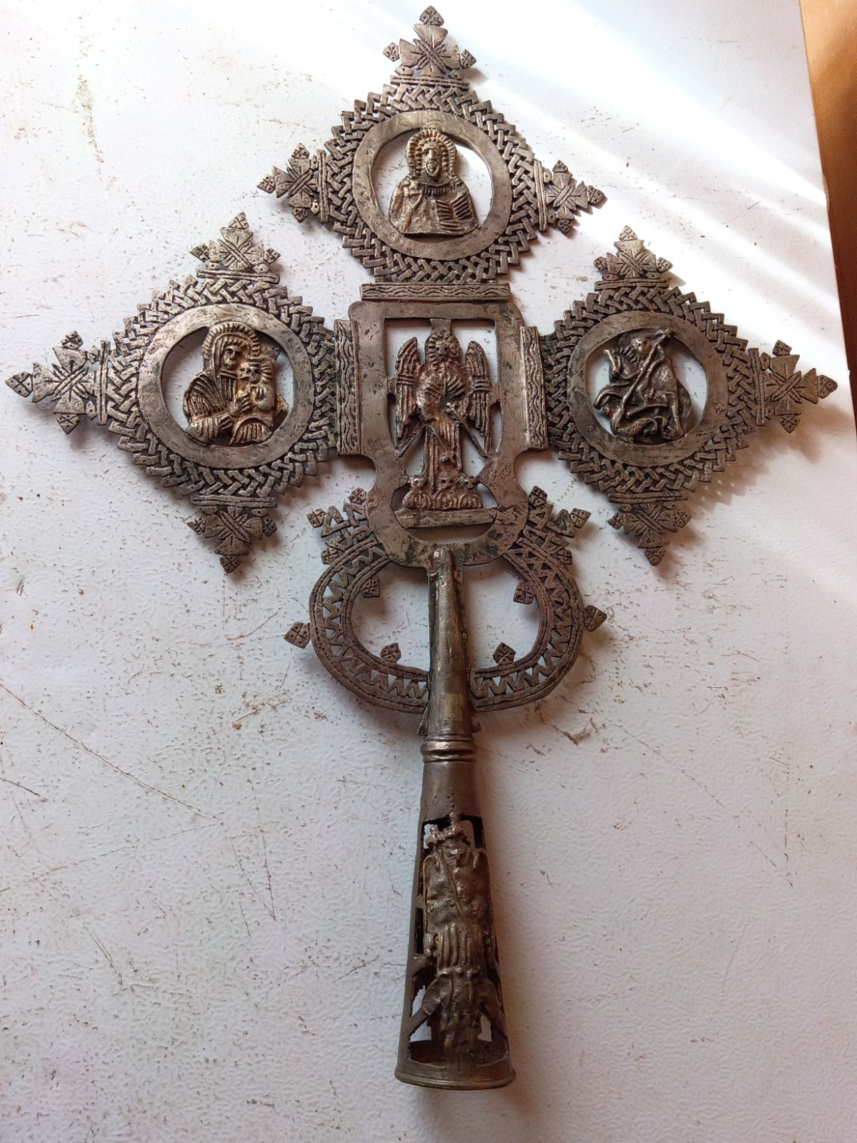 Antique Ethiopian Processional Cross Large Rare 19th C Hand-Forged Lost Religion