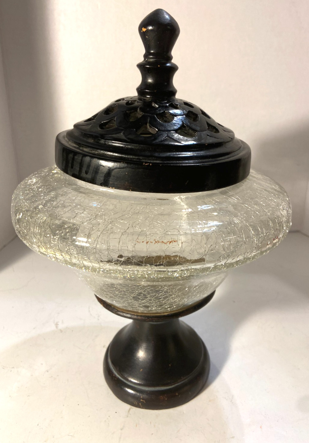 Vintage Large Crackle Glass Jar Pedestal Base Pierced Lid Potpourri Holder 12.5” Vintage Large Crackle Glass Jar Pedestal Base Pierced Lid Potpourri Holder 12.5”