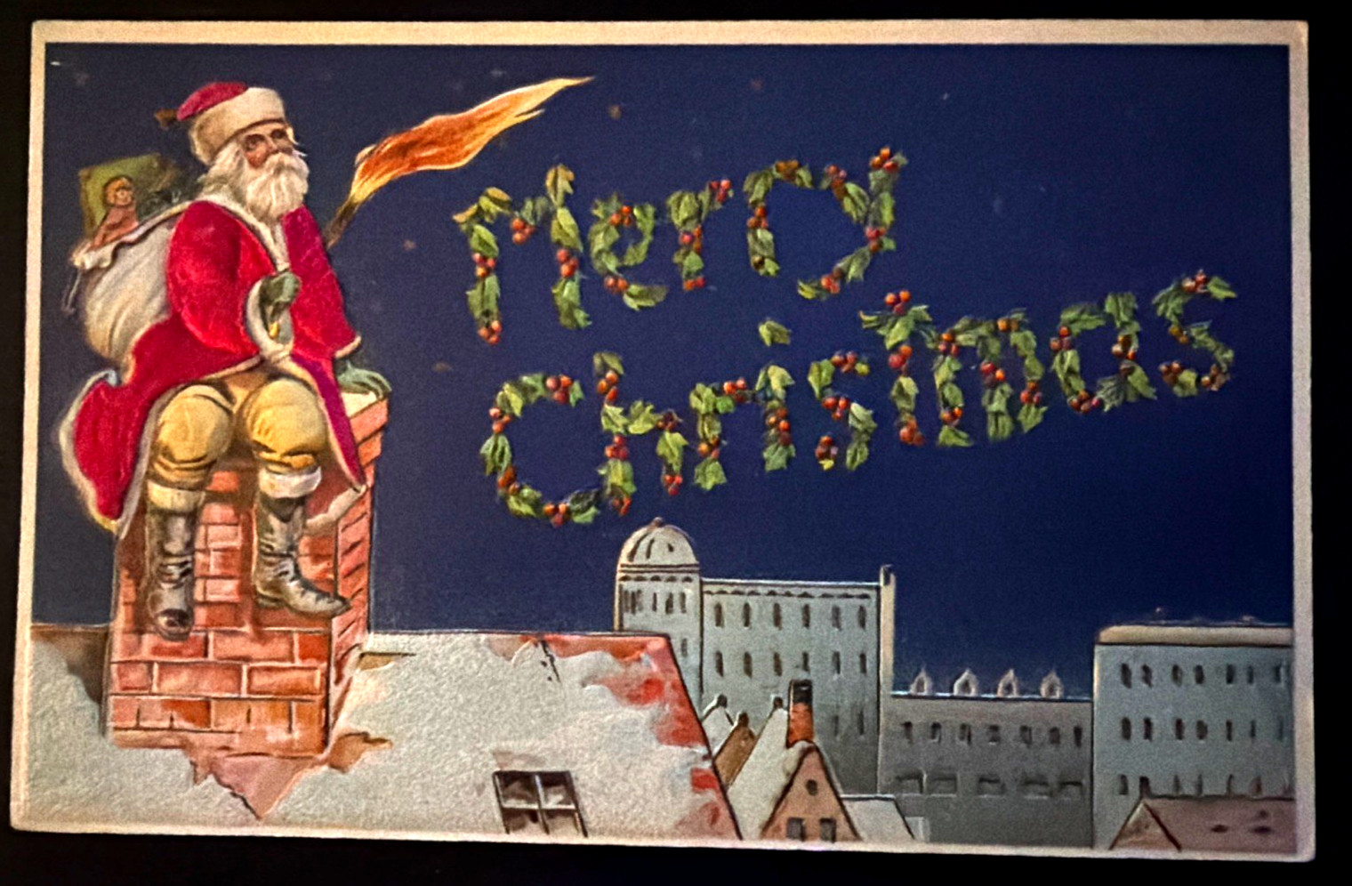 SILK~Santa Claus on Snowy Roof Over City with Torch~1910 Christmas Postcard~s262
