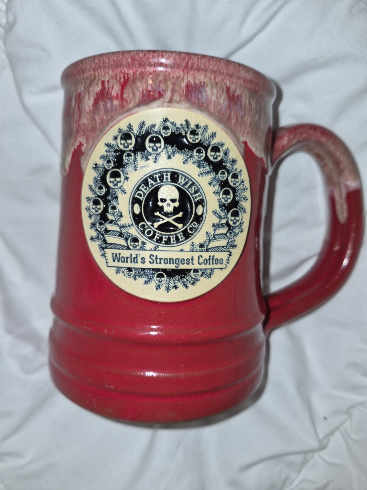 Death Wish Coffee 2014 Christmas Skull Wreath Tankard Mug Deneen Pottery RARE