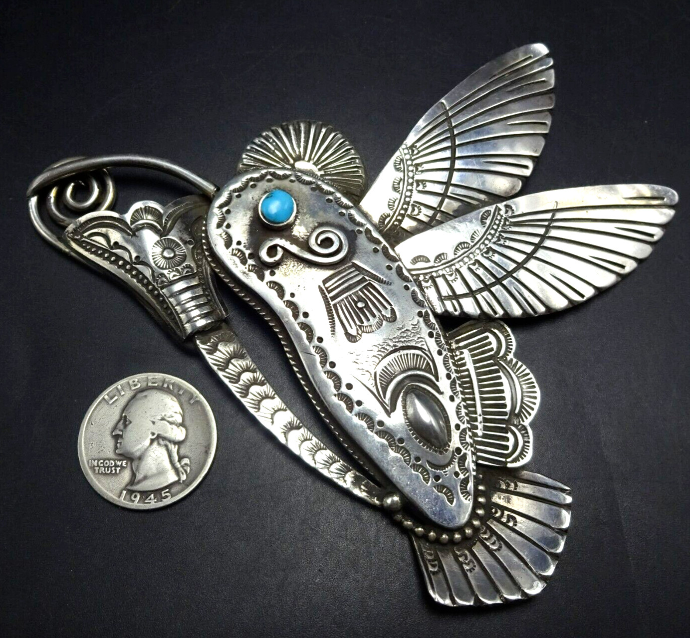 Huge ART TAFOYA Hand Stamped Sterling Silver HUMMINGBIRD Pin/Pendant TURQUOISE