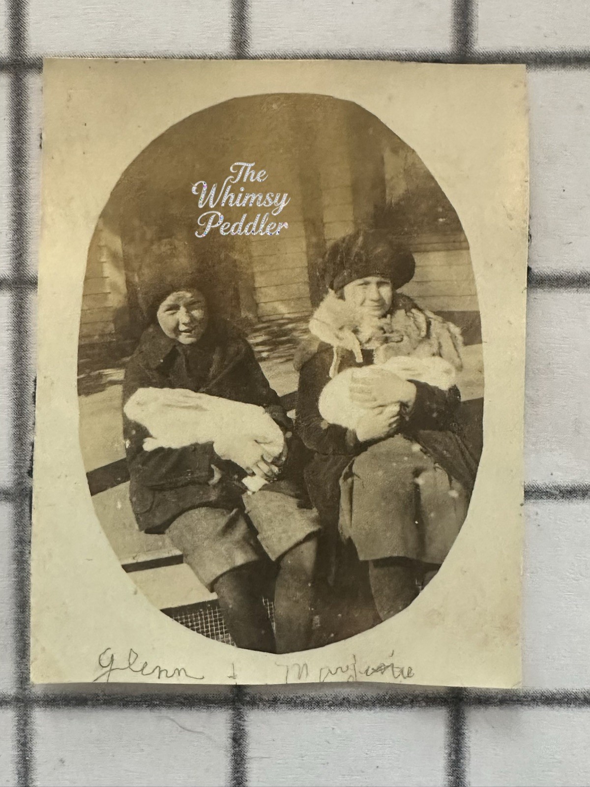 Antique Snapshot Two Women Holding White Rabbits Winter Coats Fur Hats Antique Snapshot Two Women Holding White Rabbits Winter Coats Fur Hats