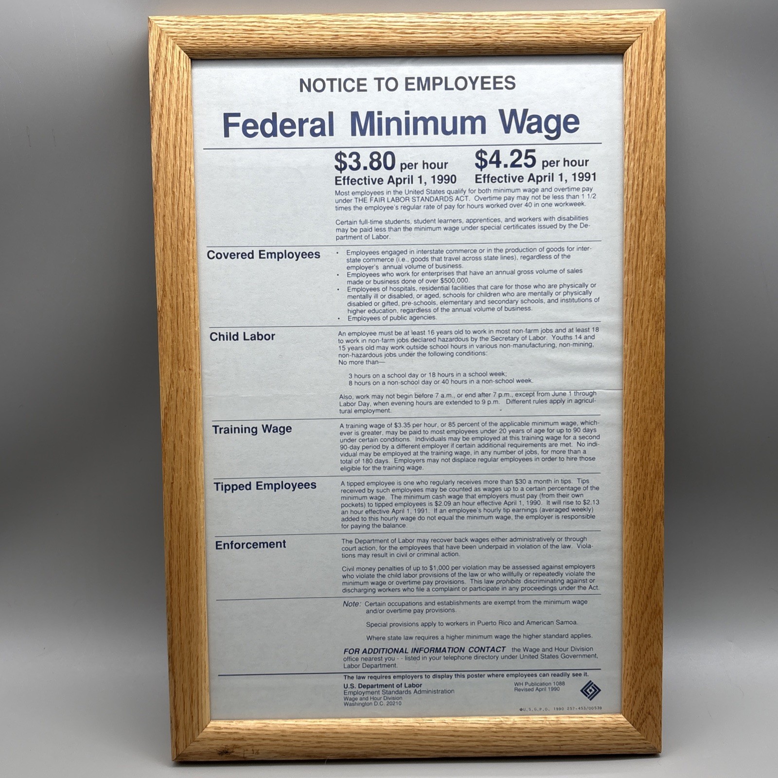 Vintage 1990 1991 Federal Minimum Wage Poster Framed US Dept of Labor Retro Sign