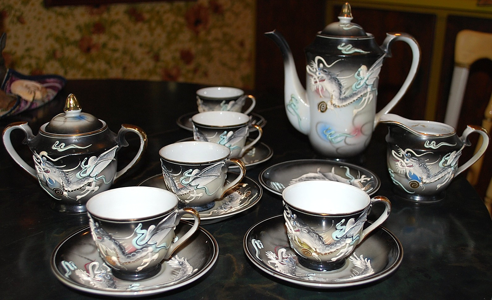 Vtg Set 16 pc SMOKE DRAGONWARE Moriage Tea Pot/Cups Saucers Creamer Sugar JAPAN