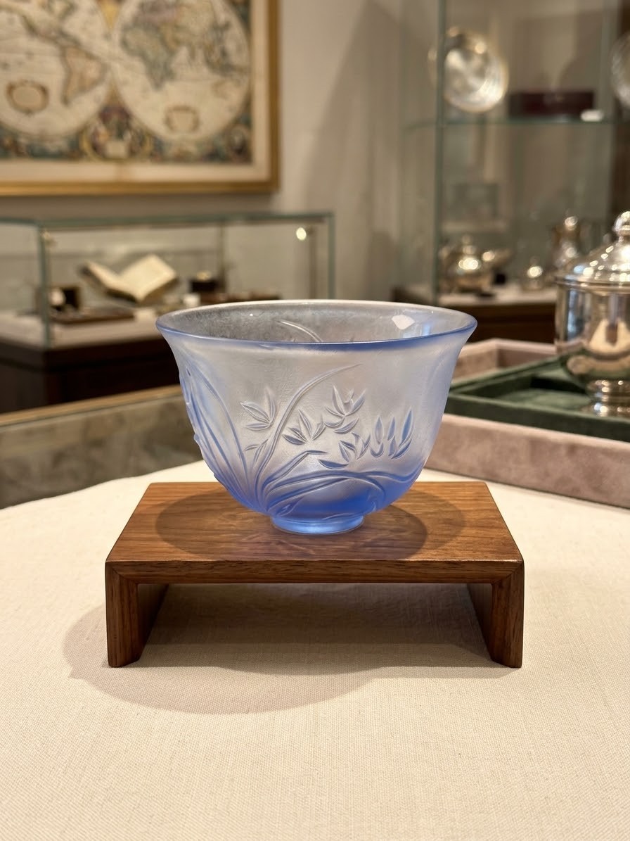Tittot Liuli Crystal Art Glass Bowl Frosted Blue Floral Iris Signed Limited Edit Tittot Liuli Crystal Art Glass Bowl Frosted Blue Floral Iris Signed Limited Edit