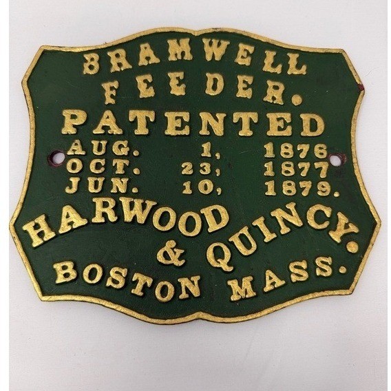 Bramwell Feeder Harwood & Quincy Boston Painted Cast Iron Sign Plaque Vtg.