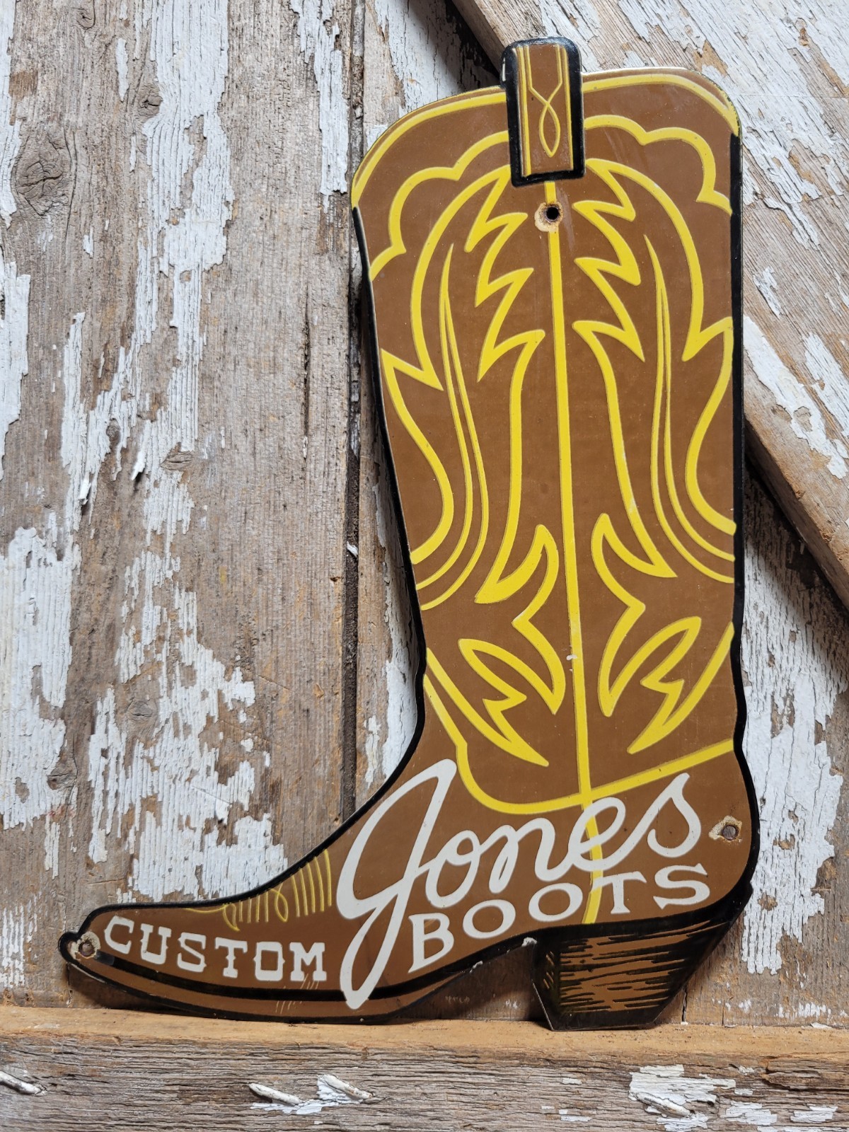 VINTAGE JONES BOOTS PORCELAIN SIGN OLD RODEO COWBOY WESTERN SHOE RANCH COBBLER