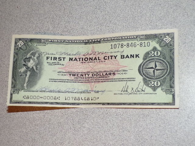 Vintage Traveler's Check First National City Bank Pre-Citibank $20 Ephemera