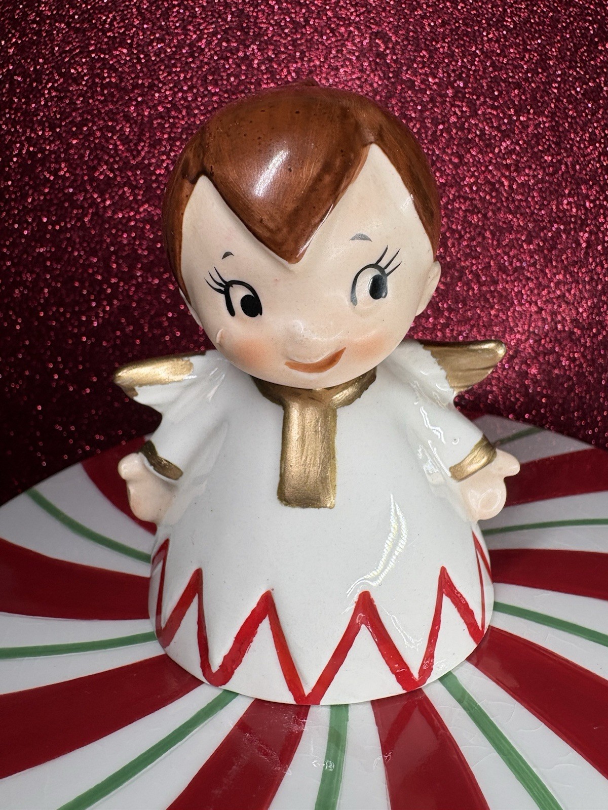 Vtg Lefton Angel Boy Red Zigzag Trim Candleholder Christmas Figurine Japan
