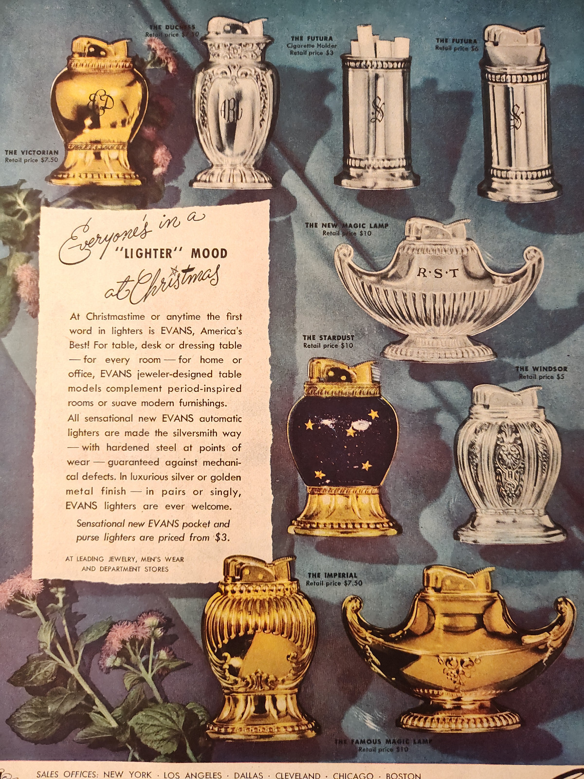 1949 Original Esquire Art Ads Evans Case Lighters GILBEYS Gin Whiskey