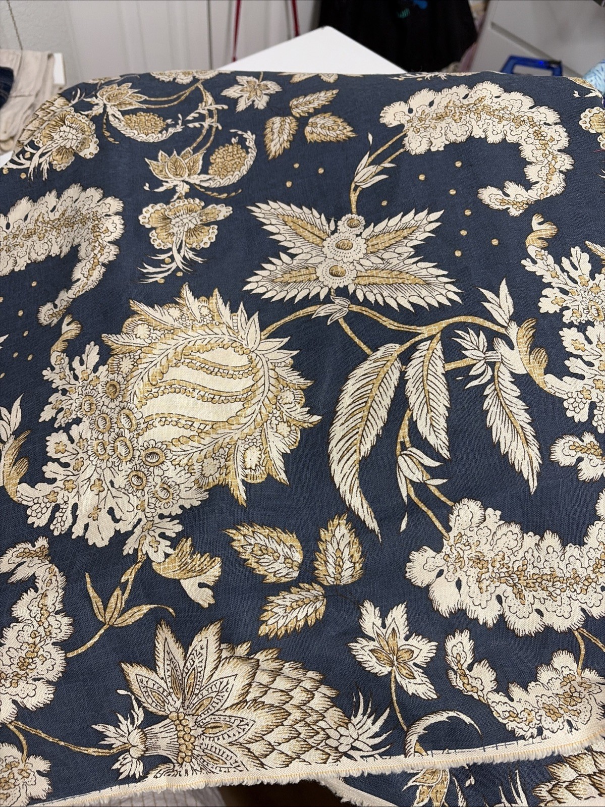 Vintage Pottery Barn 5 1/8 Yd Linen 55/cotton 45 54” Wide NEW Blue Gold