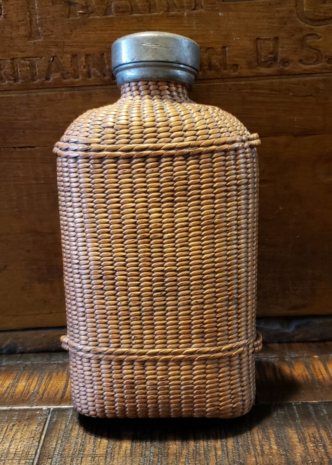 Antique Flask Wicker Wrapped Pewter Cap French Early 1800s Exceptional Condition