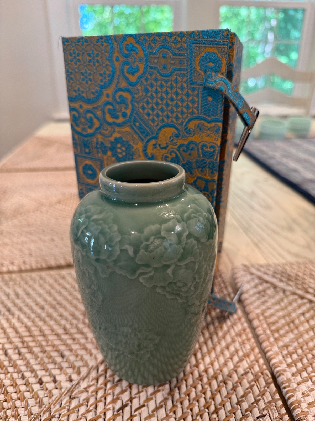 Celadon Glazed Vase with Peony Relief